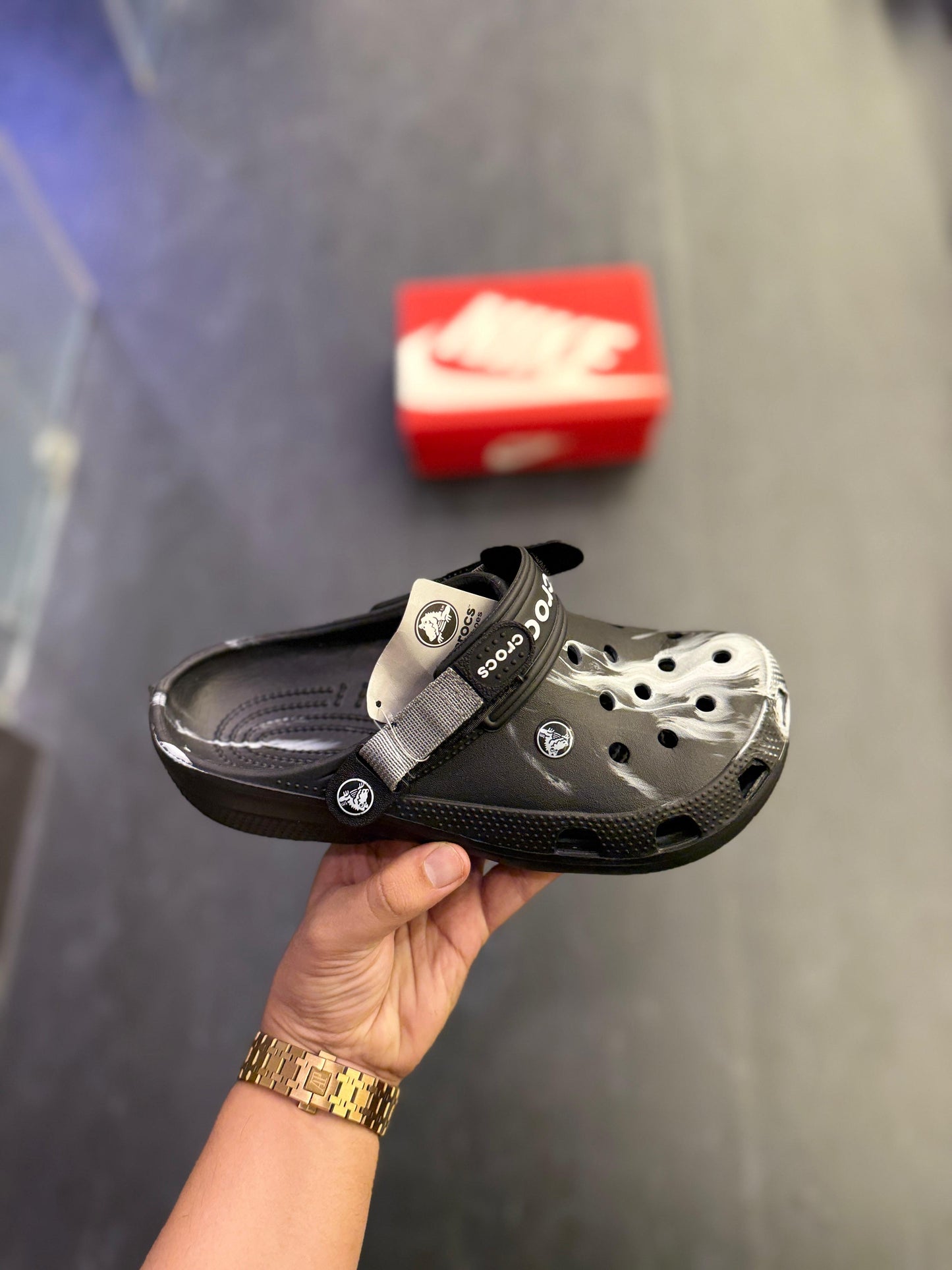 π€ Original Crocs Unisex Clog β Black with White Paint Splash Design