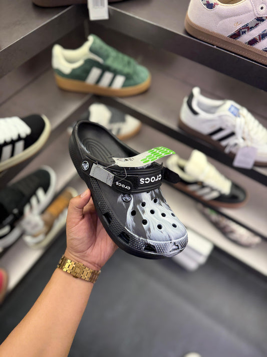 ๐ค Original Crocs Unisex Clog โ Black with White Paint Splash Design